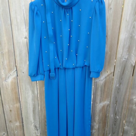 Vintage Blue Dress with Pearly Beaded Bodice and Long Sleeves 40" Bust - Picture 3 of 8